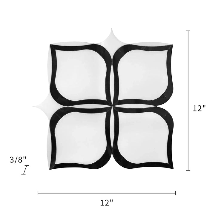 Tulip Pattern Thassos & Black Marble 12-in x 12-in Waterjet Mosaic Floor and Wall Tile(1-sq. ft/ Piece)