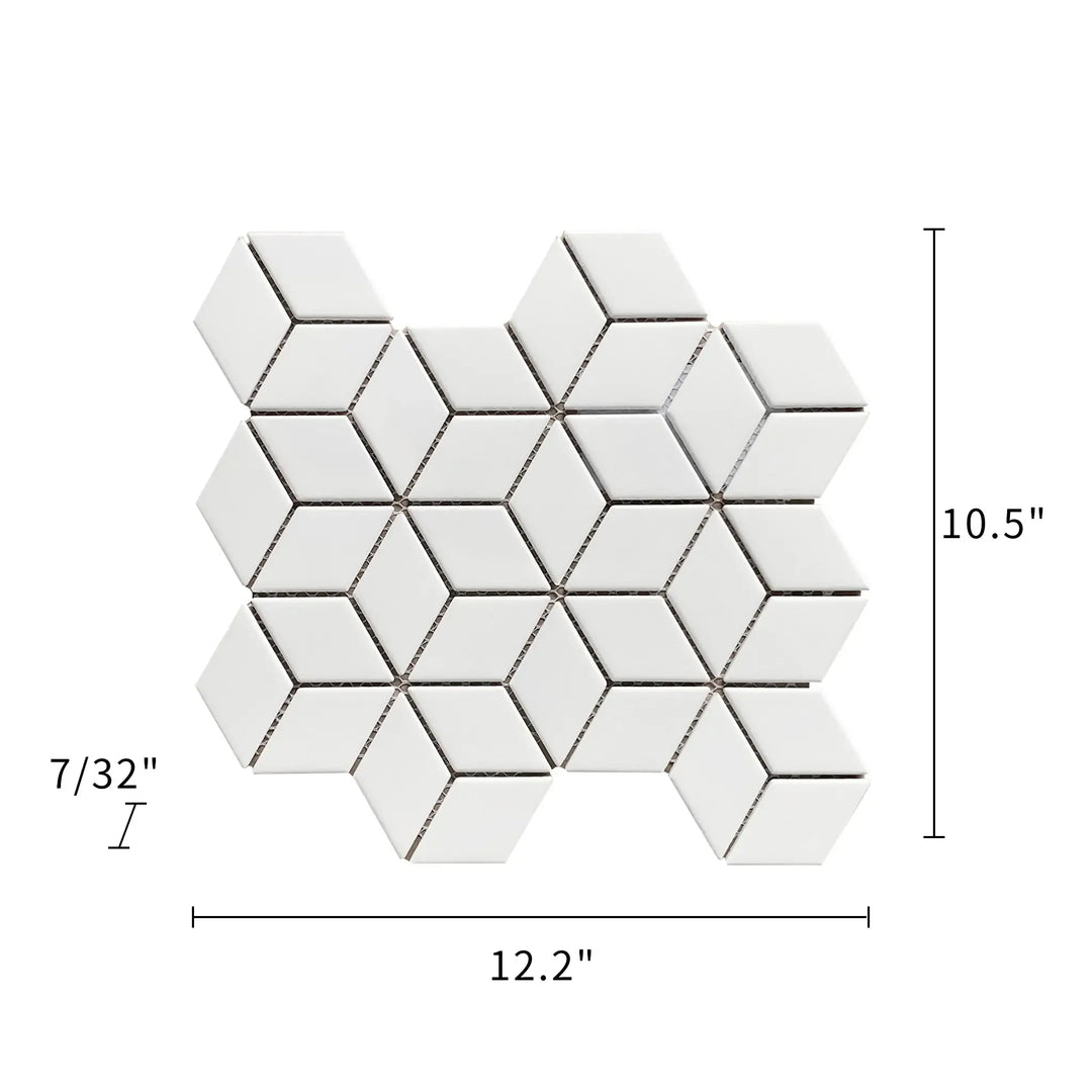 Size diagram of Rhombus Matte Porcelain Mosaic Tile – labeled 10.5x12 in., with 0.89 sq. ft coverage.