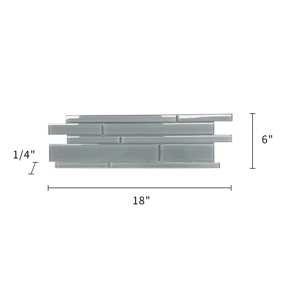 Size diagram of Ice Denim Glass Mix Random Strip Tile – 6x18 inch glass mosaic layout with 0.75 sq. ft coverage, ideal for precise installation.