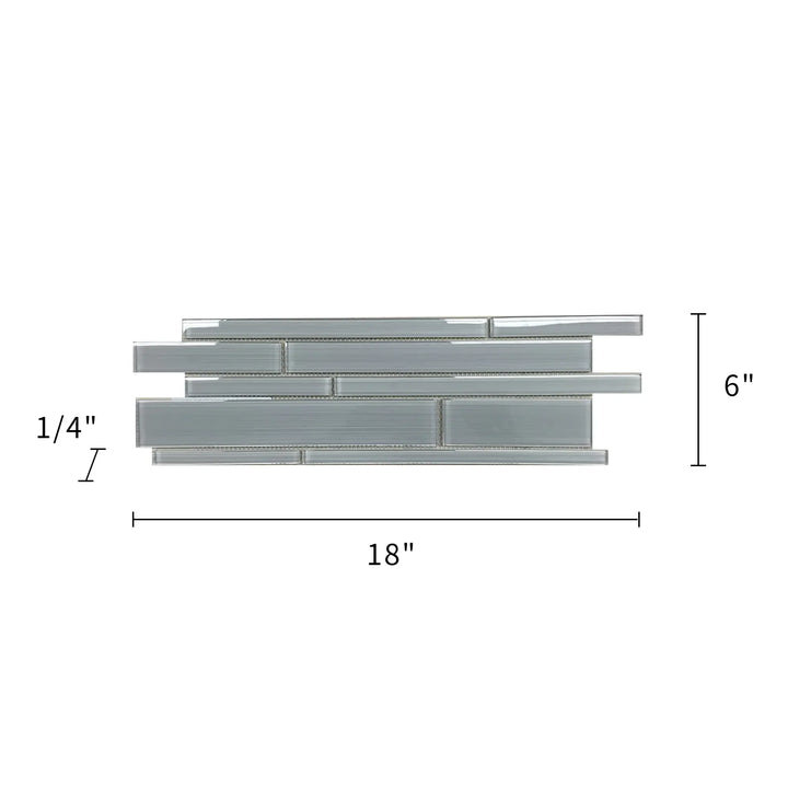 Size diagram of Ice Denim Glass Mix Random Strip Tile – 6x18 inch glass mosaic layout with 0.75 sq. ft coverage, ideal for precise installation.