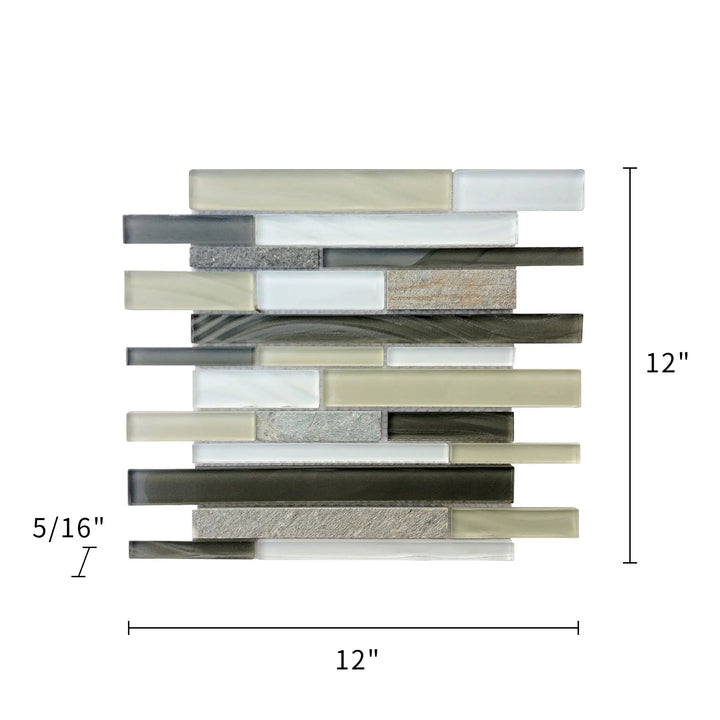 Stone & Glass Mixed Color Random Strip Glass Mosaic Wall Tile - Sample (Product Shown is Full Size)