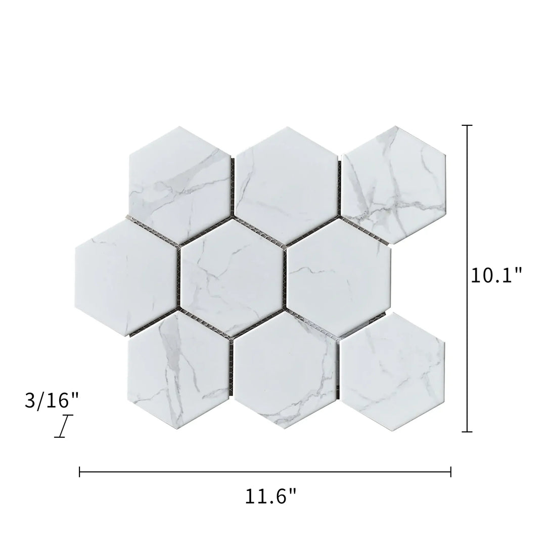 Size diagram of 4-in Hexagon Statuario Satin Porcelain Mosaic Tile – 12x10 inch tile with labeled dimensions for floor and wall.