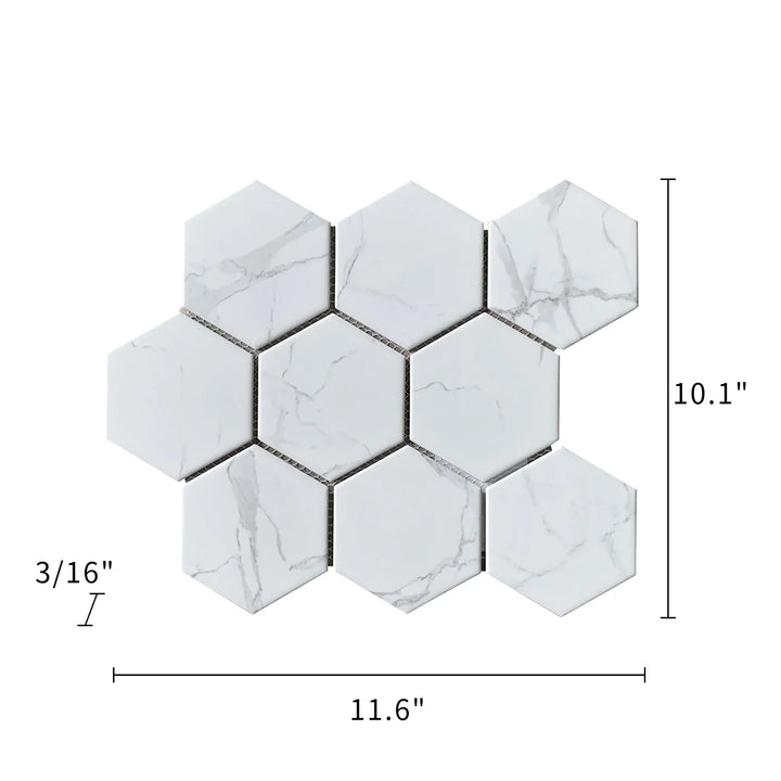 Size diagram of 4-in Hexagon Statuario Satin Porcelain Mosaic Tile – 12x10 inch tile with labeled dimensions for floor and wall.