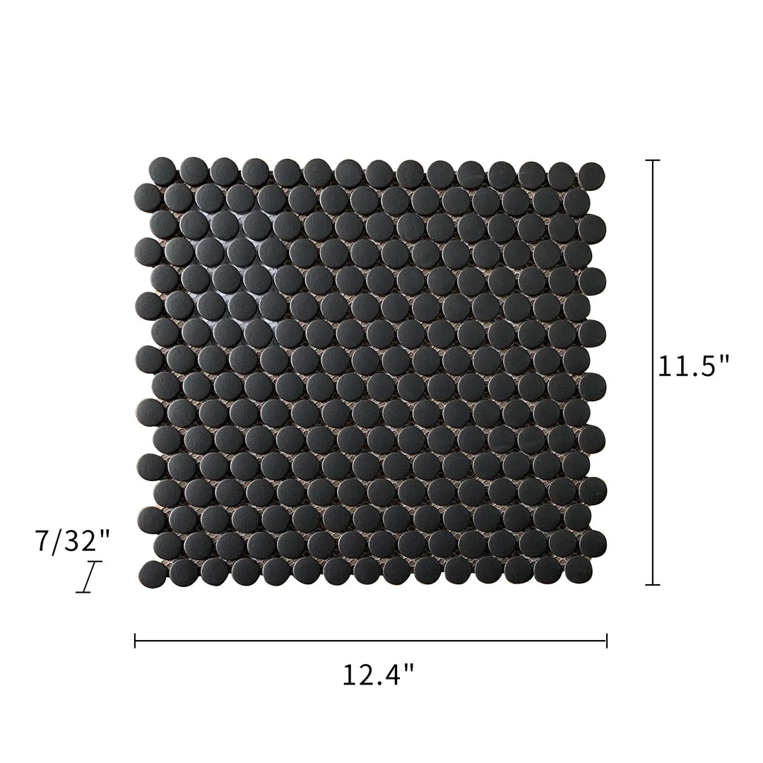 Size diagram of Penny Round Black Porcelain Mosaic Tile – labeled 12.4x11.5 in, 1 sq. ft coverage.