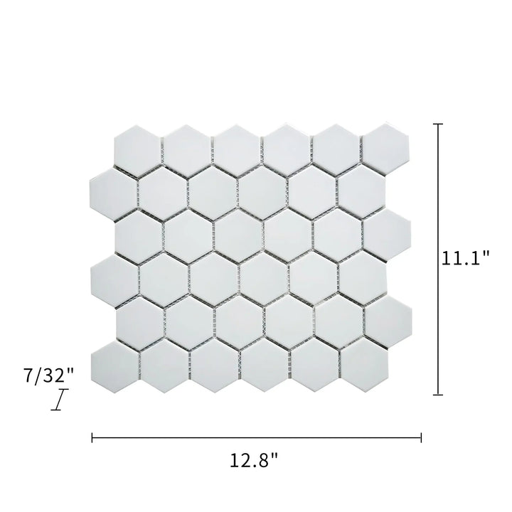 Size diagram of 12x12 inch 2-in White Hexagon Porcelain Tile – includes tile dimensions and labeled 1-sq. ft coverage area.