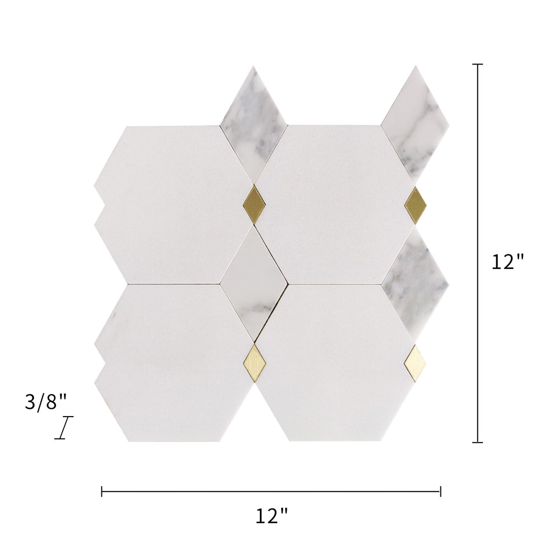 12x12 inch Calacatta, Thassos, and Brass Marble Waterjet Mosaic Tile with labeled dimensions – suitable for wall and floor