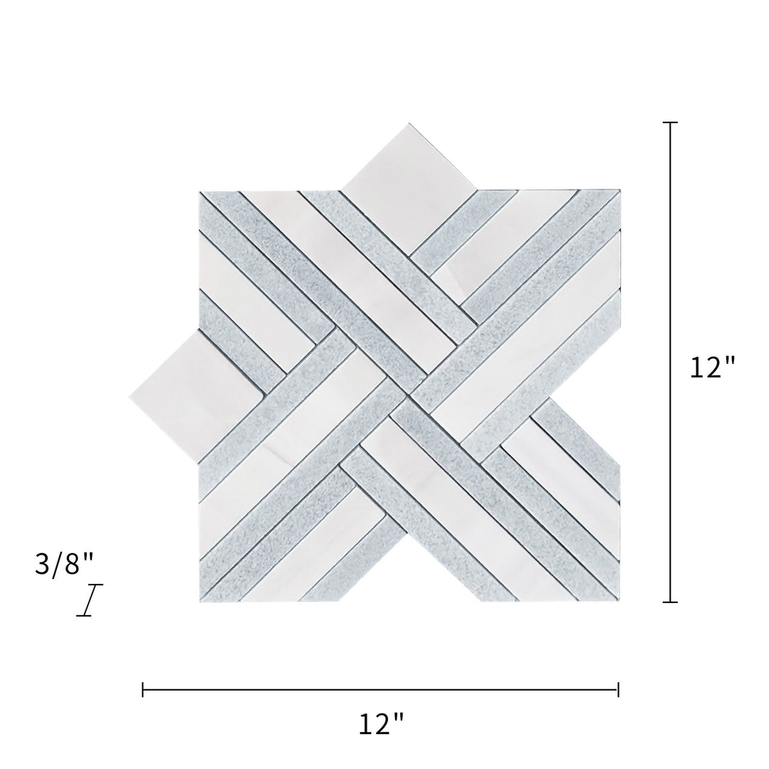 Dimensions of Blue Celeste & Dolomite Marble Waterjet Mosaic Tile – 12x12 inch layout with measurements