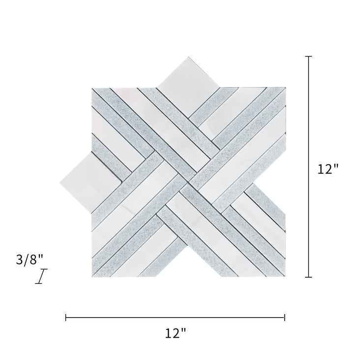 Dimensions of Blue Celeste & Dolomite Marble Waterjet Mosaic Tile – 12x12 inch layout with measurements